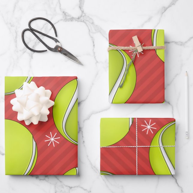 Red Strip Tennis Weihnachtsbälle & Schneeflocken Geschenkpapier Set (Vorderseite)