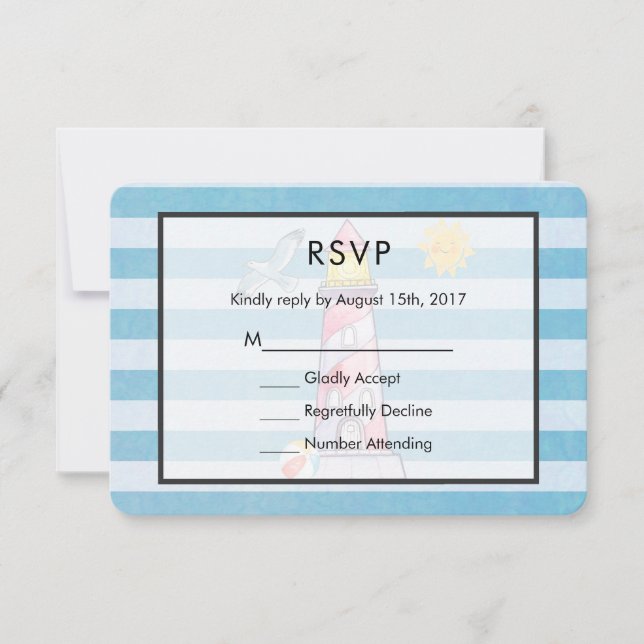 Red Strip Watercolor Lighthouse Wedding RSVP Karte (Vorderseite)