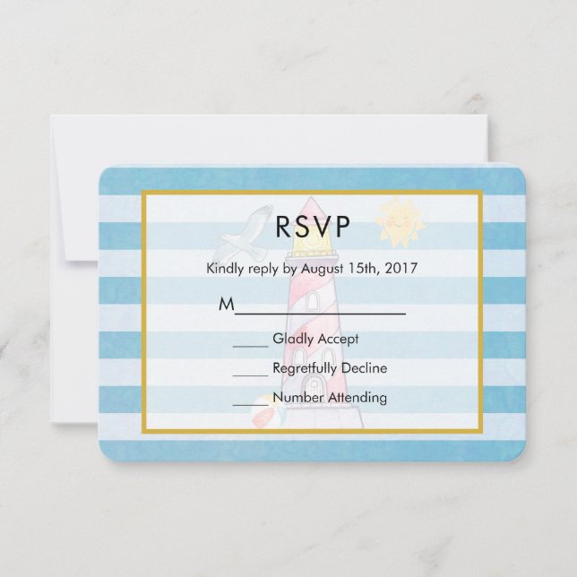 Red Strip Watercolor Lighthouse Wedding RSVP Karte (Vorderseite)