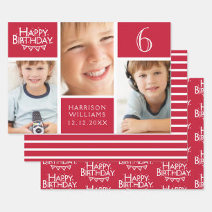Red Stripe Happy Birthday Bunting Foto Geschenkpapier Set