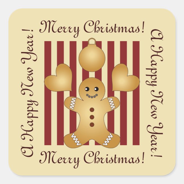Red Stripe Niedlich Gingerbread Mann Weihnachten Quadratischer Aufkleber (Vorderseite)