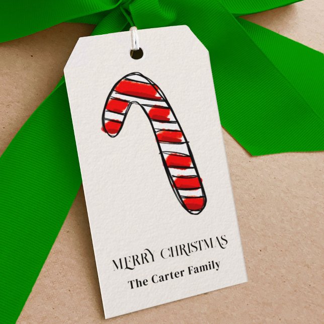 Red Stripe Watercolor Candy Cane Sketch Geschenkanhänger (Red and white candy cane Christmas gift tags.)