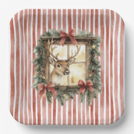 Red Stripes Bows Christmas Deer in Window Pappteller