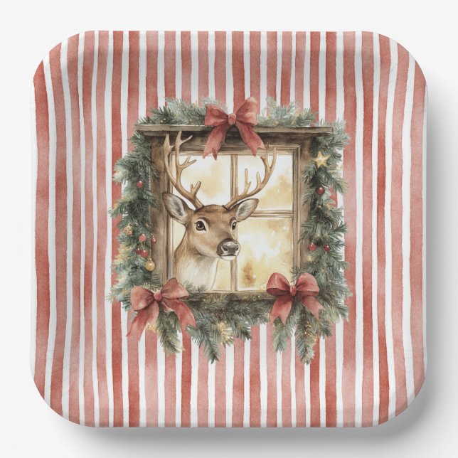Red Stripes Bows Christmas Deer in Window Pappteller (Vorderseite)