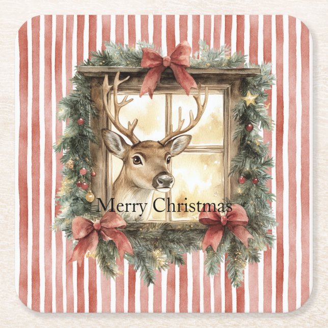 Red Stripes Bows Christmas Deer in Window Rechteckiger Pappuntersetzer (Vorderseite)