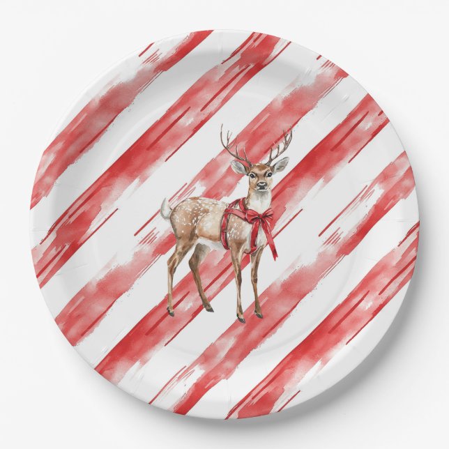 Red Stripes Deep Christmas Pillar Candle Pappteller (Vorderseite)