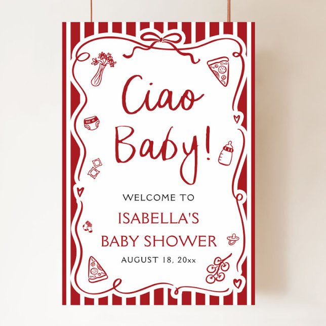 Red Stripes Italian Ciao Baby Dusche Willkommen Poster (Red Stripes Hand Drawn Italian Ciao Baby Baby Shower Welcome Sign )