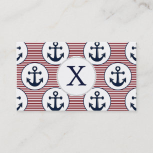 Red Stripes Navy Blue Anchor Nautical Pattern Visitenkarte