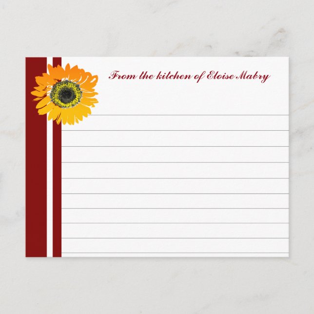 Red Stripes Sunflower Personalized Recipe Cards Postkarte (Vorderseite)