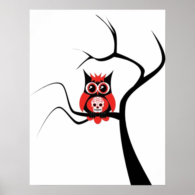 Red Sugar Skull Owl in Tree Poster (Vorne)