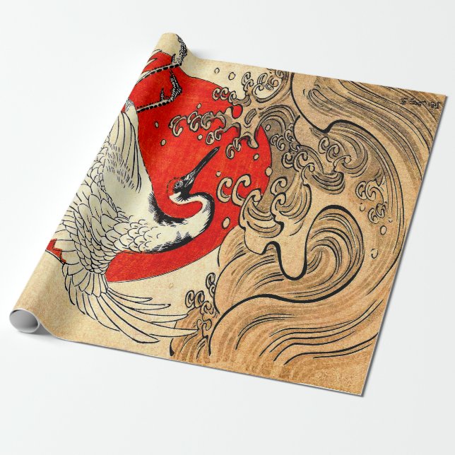 RED SUN, JAPANISCHE FLYING CRANE UND MEERWELLEN GESCHENKPAPIER (Ungerollt)