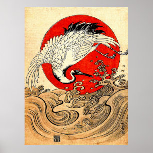 RED SUN, JAPANISCHE FLYING CRANE UND MEERWELLEN POSTER
