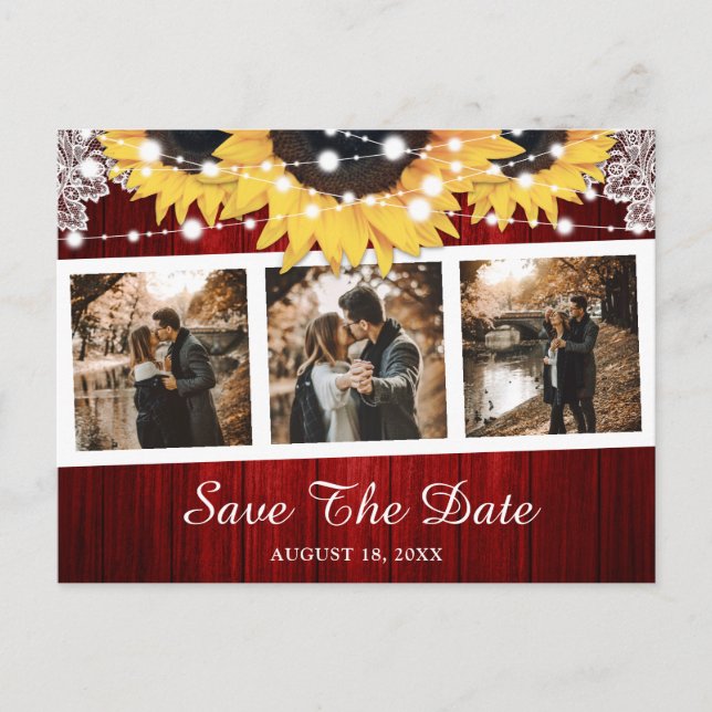 Red Sunflower Wedding Foto Save the Date Ankündigungspostkarte (Vorderseite)