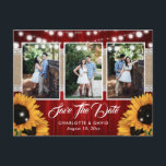 Red Sunflower Wedding Photo Save The Date Ankündigungspostkarte<br><div class="desc">Rustic red wedding photo save the date postcard featuring sunflowers,  string lights,  burlap and lace on a barn wood background</div>