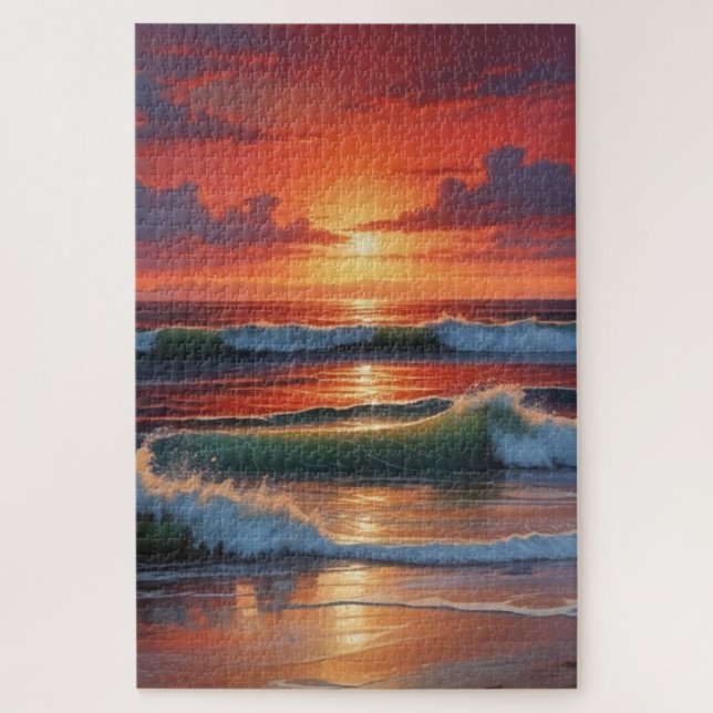 Red Sunset Ocean Seascape Malerei Artwork (Vertikal)