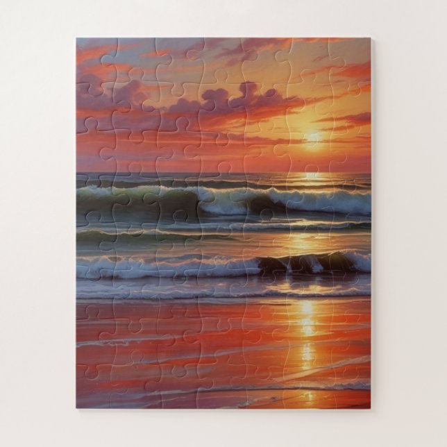 Red Sunset Ocean Seascape Malerei Artwork (Vertikal)