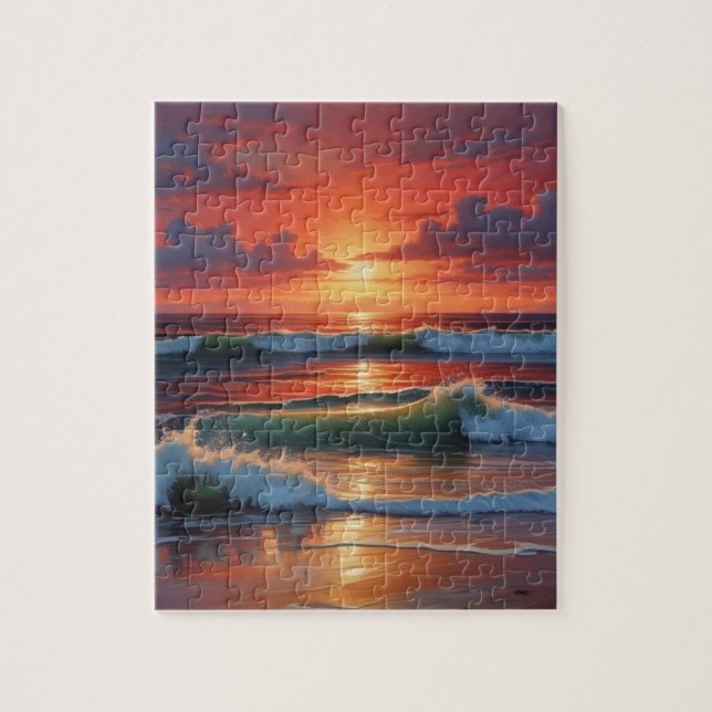 Red Sunset Ocean Seascape Malerei Artwork (Vertikal)