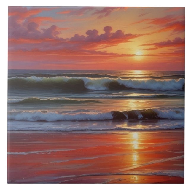Red Sunset Ocean Seascape Malerei Artwork Fliese (Vorderseite)