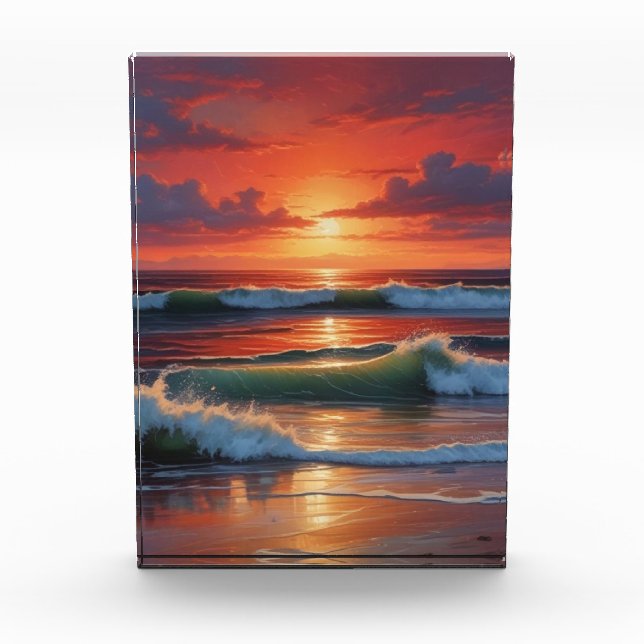 Red Sunset Ocean Seascape Malerei Artwork Fotoblock (Vorderseite)