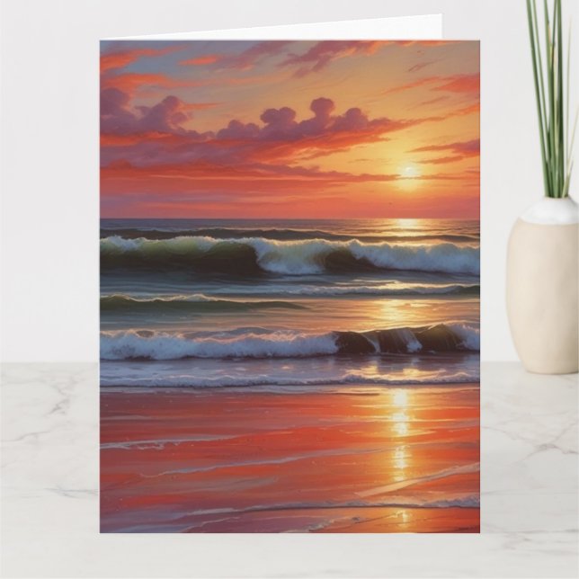 Red Sunset Ocean Seascape Malerei Artwork Karte (Vorderseite)