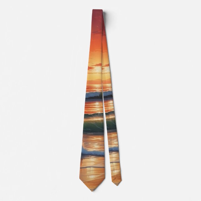 Red Sunset Ocean Seascape Malerei Artwork Krawatte (Vorderseite)