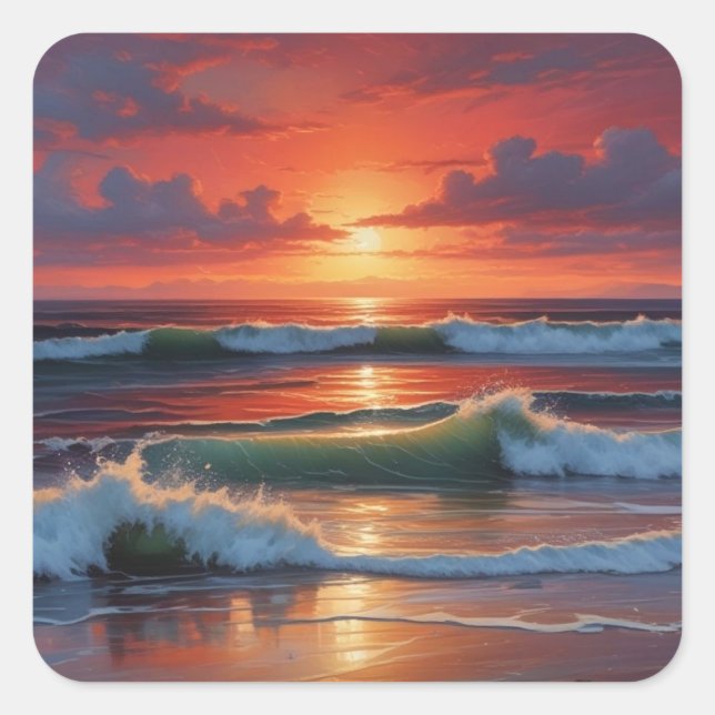 Red Sunset Ocean Seascape Malerei Artwork Quadratischer Aufkleber (Vorderseite)