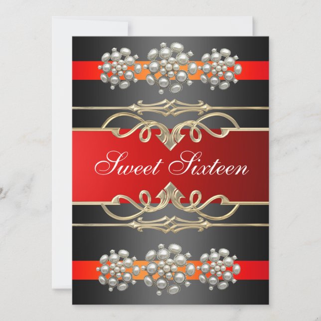 Red Sweet16 Elegant Pearl Birthday Einladung (Vorderseite)