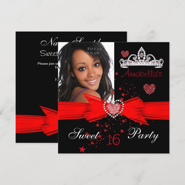 Red Sweet 16 Birthday Diamond Tiara Foto Einladung (Vorne/Hinten)