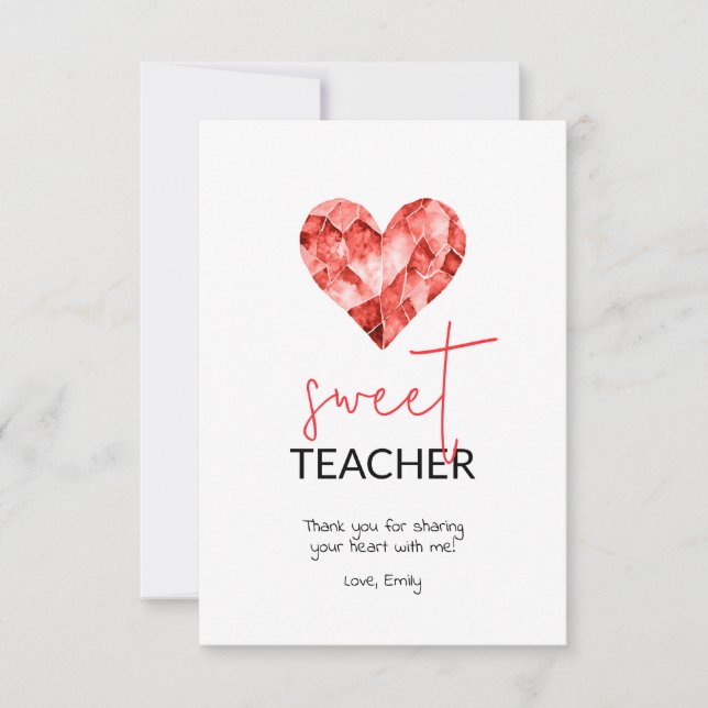 Red Sweet Teacher Watercolor Diamond Herz Dankeskarte (Vorderseite)