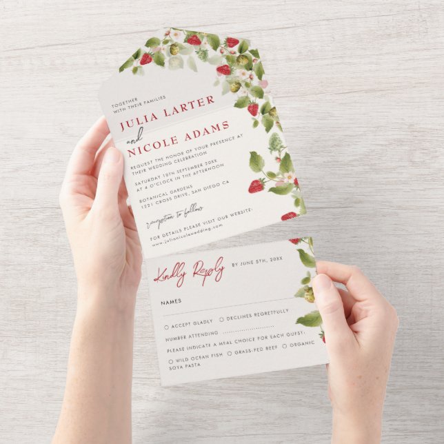 Red Sweet Wild Strawberry Blume Hochzeit All In One Einladung (Abreißen)