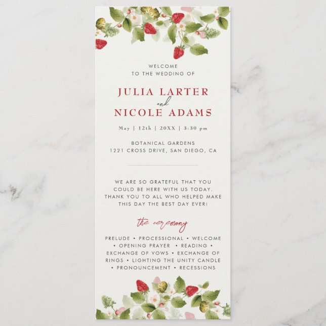 Red Sweet Wild Strawberry Blume Hochzeit Programm (Vorderseite)