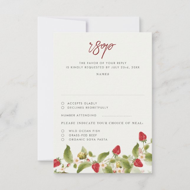 Red Sweet Wild Strawberry Blume Hochzeit RSVP Karte (Vorderseite)