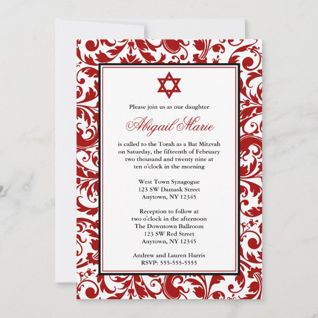 Red Swirl Damask Bat Mitzvah Einladungen (Vorderseite)