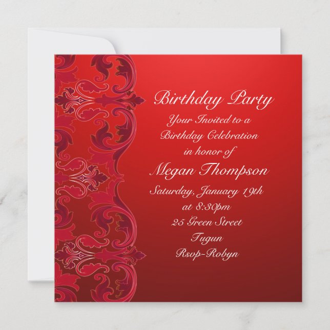 Red Swirl Damask Invitation d'anniversaire (Devant)