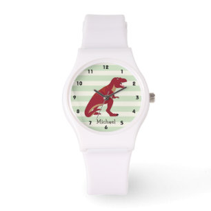 Red T-Rex auf pastellgrünen Streifen Armbanduhr