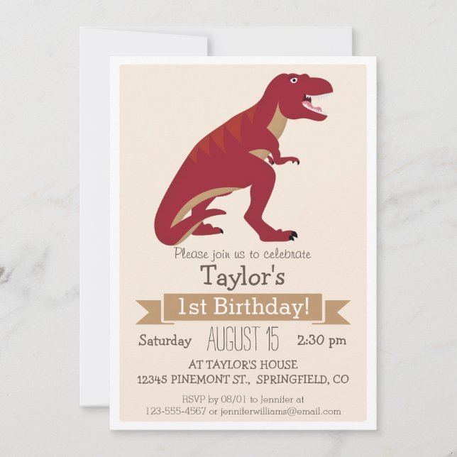 Red T-Rex Dinosaur Invitation de fête d'anniversai (Devant)