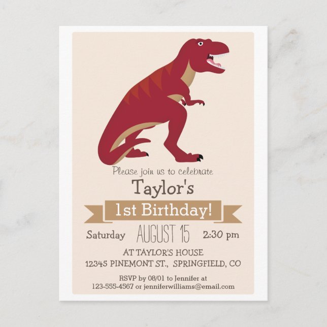 Red T-Rex Dinosaur Invitation de fête d'anniversai (Devant)
