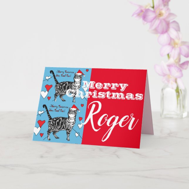 Red Tabby Cat Merry Christmas Mains Nom Carte (Orchidée)