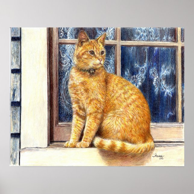 Red Tabby Chat in Window Poster drucken (Vorne)