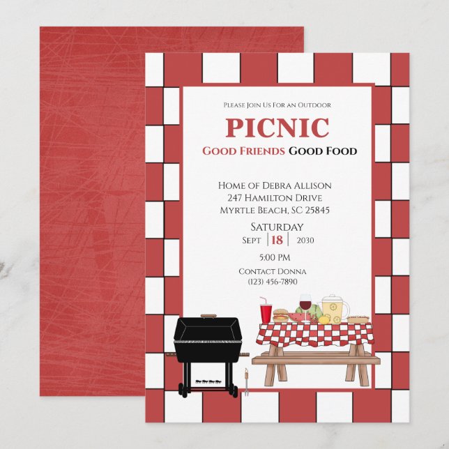 Red Tablecloth Picnic GRILLEN Outdoor Grill Einladung (Vorne/Hinten)
