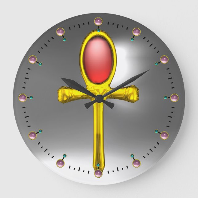RED TALISMAN , Ruby Gemstones , grau weiß Große Wanduhr (Vorderseite)