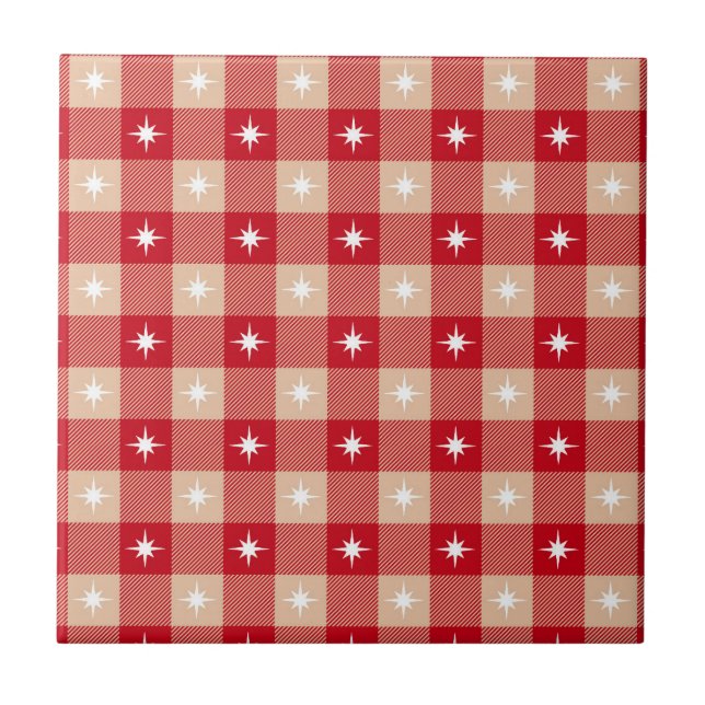 Red Tan Beige Buffalo Kariert White Stars Trendy Fliese (Vorderseite)