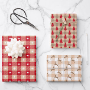 Red Tan Country Karierte Bäume Weihnachtsfeiertag Geschenkpapier Set