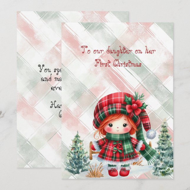Red Tartan Daughter First Christmas  Mitteilungskarte (Vorne/Hinten)