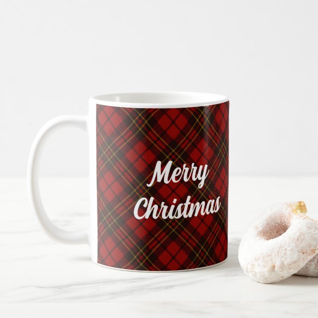 Red tartan Frohe Weihnachtsfeiertage Custom Text Kaffeetasse (Mit Donut)