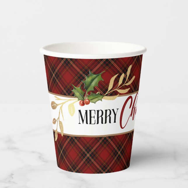 Red Tartan, Gold Blätter & Holly Pappbecher (Vorderseite)