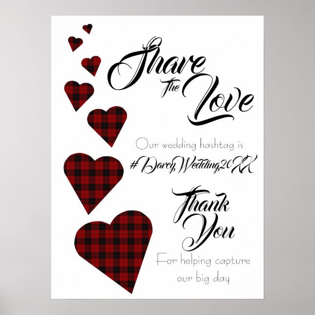 Red Tartan Heart Wedding Hashtag Sign Poster (Vorne)