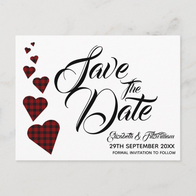 Red Tartan Herz Save the Date Postkarte (Vorderseite)