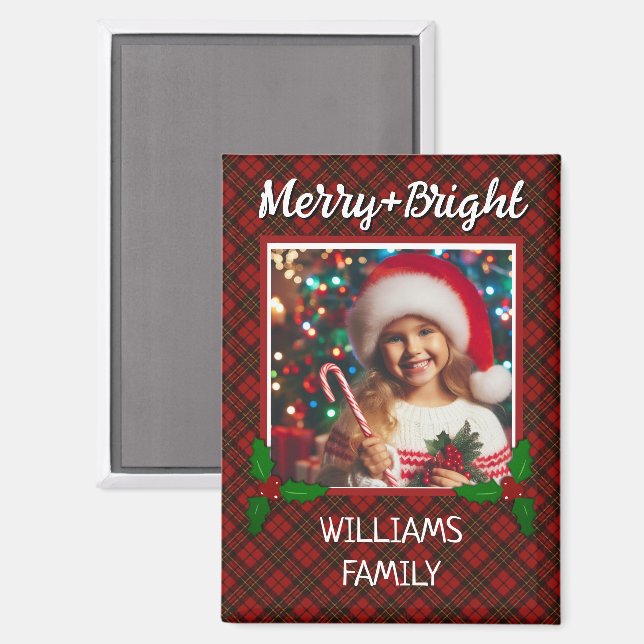 Red tartan kariert Custom Foto Christmas Magnet (Vorderseite/Rückseite)