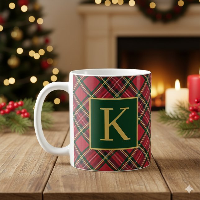 Red Tartan Kariert Gold Monogram Kaffeetasse (Red Tartan Plaid Gold Monogram Coffee Mug)